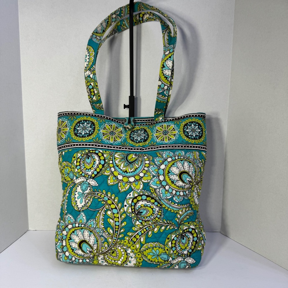Vera Bradley Peacock Paisley Quilted Cotton Tote Bag Turquoise Green Floral EUC